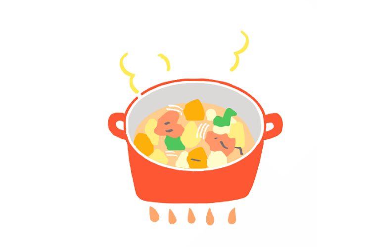 鍋を火にかけて煮込んでいる