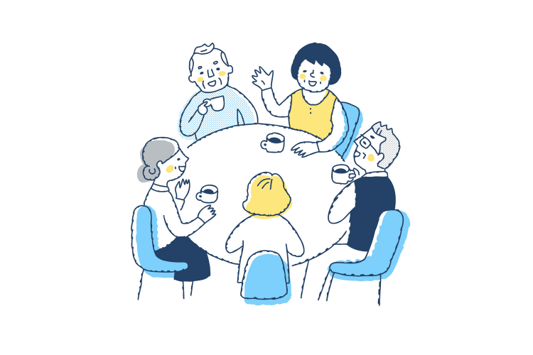 5名の男女が円卓でコーヒーを飲んでいるる